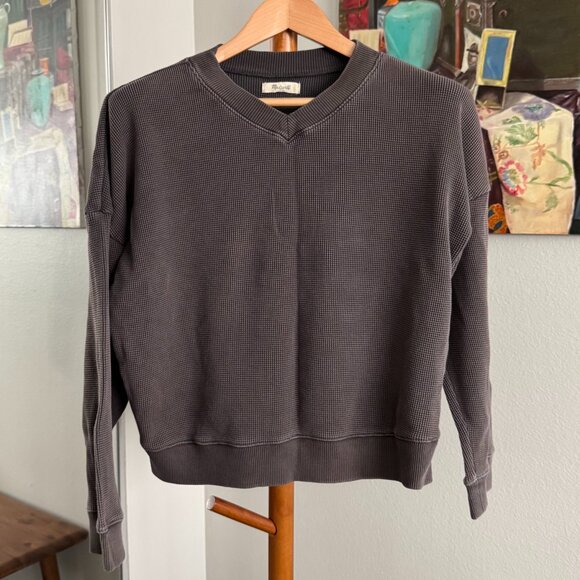 Madewell - Waffle Knit Boxy Sweatshirt Tee in Black Coal - Picture 2 of 11